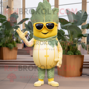 Gold Celery mascot costume character dressed with a Jeans and Sunglasses