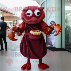 Maroon Crab Cakes mascot costume character dressed with a Wrap Dress and Earrings