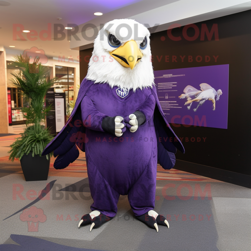 Purple Falcon mascot costume character dressed with a Jumpsuit and Shawl pins Purple Falcon mascot costume character dressed with a Jumpsuit and Shawl pins