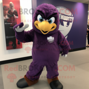 Purple Falcon mascot costume character dressed with a Jumpsuit and Shawl pins