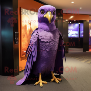 Purple Falcon mascot costume character dressed with a Jumpsuit and Shawl pins