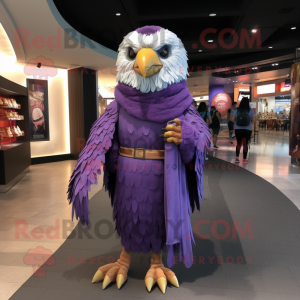 Purple Falcon mascot costume character dressed with a Jumpsuit and Shawl pins