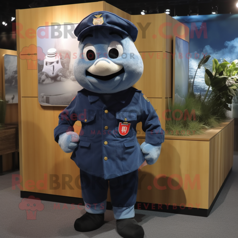 Navy Cod mascot costume character dressed with a Denim Shorts and Ties Navy Cod mascot costume character dressed with a Denim Shorts and Ties