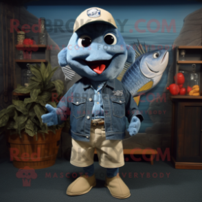 Navy Cod mascot costume character dressed with a Denim Shorts and Ties