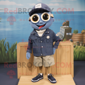 Navy Cod mascot costume character dressed with a Denim Shorts and Ties