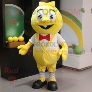 Lemon Yellow Raspberry mascot costume character dressed with a Rugby Shirt and Bow ties