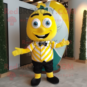 Lemon Yellow Raspberry mascot costume character dressed with a Rugby Shirt and Bow ties