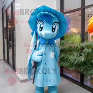 Sky Blue Mare mascot costume character dressed with a Raincoat and Caps