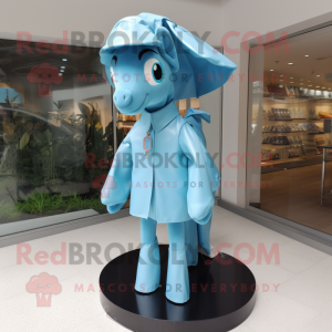 Sky Blue Mare mascot costume character dressed with a Raincoat and Caps