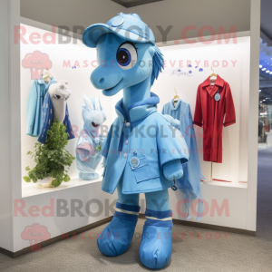Sky Blue Mare mascot costume character dressed with a Raincoat and Caps