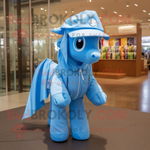 Sky Blue Mare mascot costume character dressed with a Raincoat and Caps