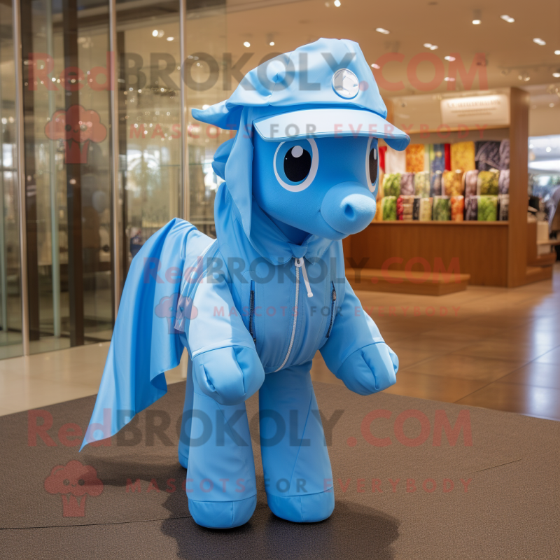 Sky Blue Mare mascot costume character dressed with a Raincoat and Caps