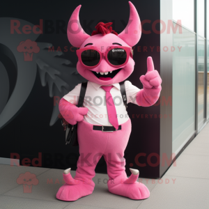 Pink Devil mascot costume character dressed with a Waistcoat and Sunglasses