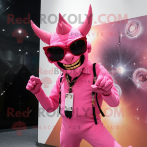 Pink Devil mascot costume character dressed with a Waistcoat and Sunglasses