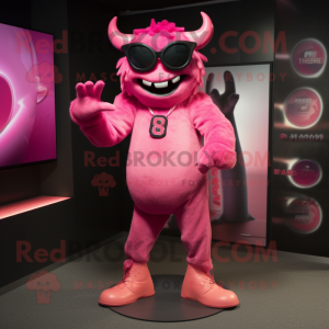 Pink Devil mascot costume character dressed with a Waistcoat and Sunglasses