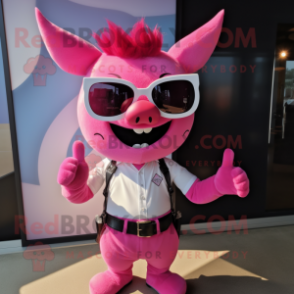 Pink Devil mascot costume character dressed with a Waistcoat and Sunglasses