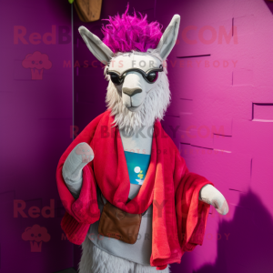 Magenta Llama mascot costume character dressed with a Chinos and Shawl pins