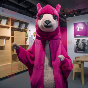 Magenta Llama mascot costume character dressed with a Chinos and Shawl pins