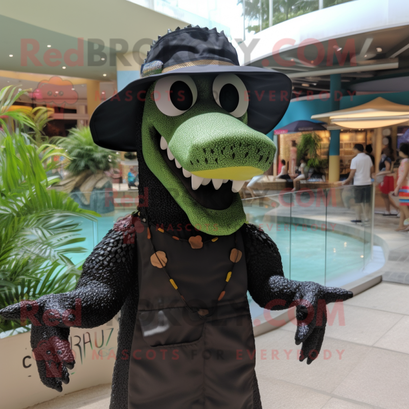 Black Crocodile mascot costume character dressed with a Bikini and Berets Black Crocodile mascot costume character dressed with a Bikini and Berets