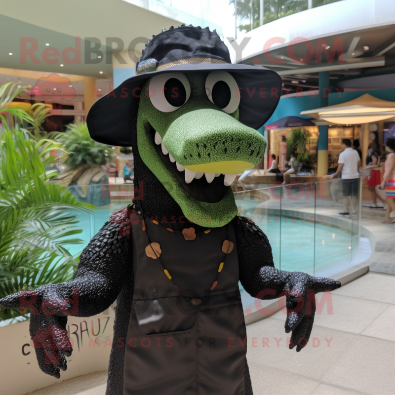 Black Crocodile mascot costume character dressed with a Bikini and Berets