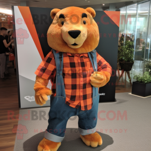 Orange Capybara mascot costume character dressed with a Flannel Shirt and Clutch bags