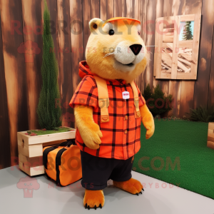 Orange Capybara mascot costume character dressed with a Flannel Shirt and Clutch bags