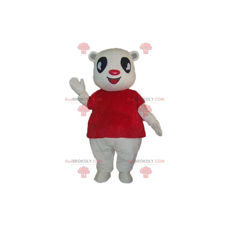 Mascotte orsacchiotto bianco con una maglietta rossa -