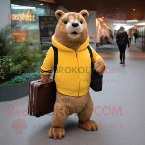 Gold Beaver mascot costume character dressed with a Sweater and Briefcases