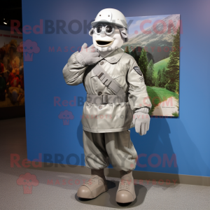 Silver American Soldier mascot costume character dressed with a Parka and Shoe clips