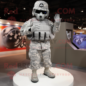 Silver American Soldier mascot costume character dressed with a Parka and Shoe clips
