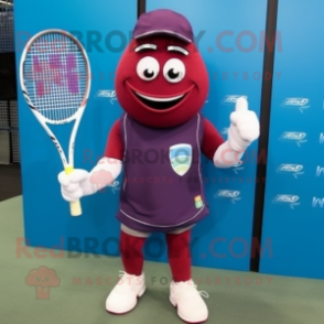 Maroon Tennis Racket mascot costume character dressed with a Jeans and Shoe laces