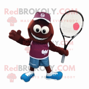 Maroon Tennis Racket mascot costume character dressed with a Jeans and Shoe laces