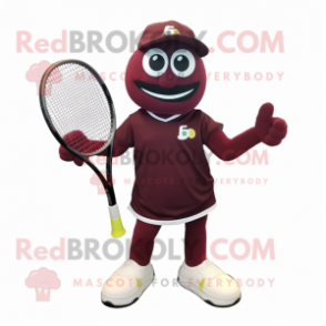 Maroon Tennis Racket mascot costume character dressed with a Jeans and Shoe laces