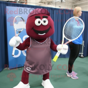 Maroon Tennis Racket mascot costume character dressed with a Jeans and Shoe laces