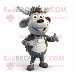 Gray Cow mascot costume character dressed with a Corduroy Pants and Bracelet watches