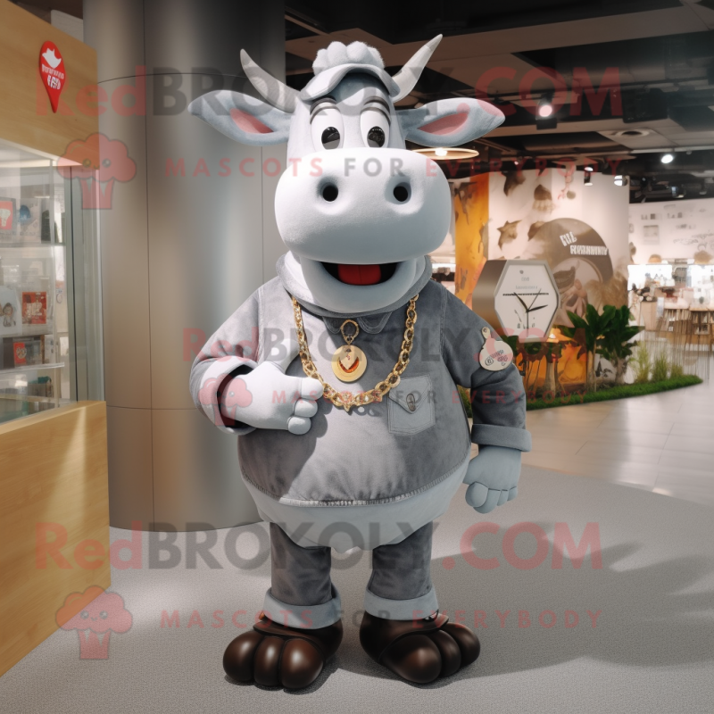 Gray Cow mascot costume character dressed with a Corduroy Pants and Bracelet watches Gray Cow mascot costume character dressed with a Corduroy Pants and Bracelet watches