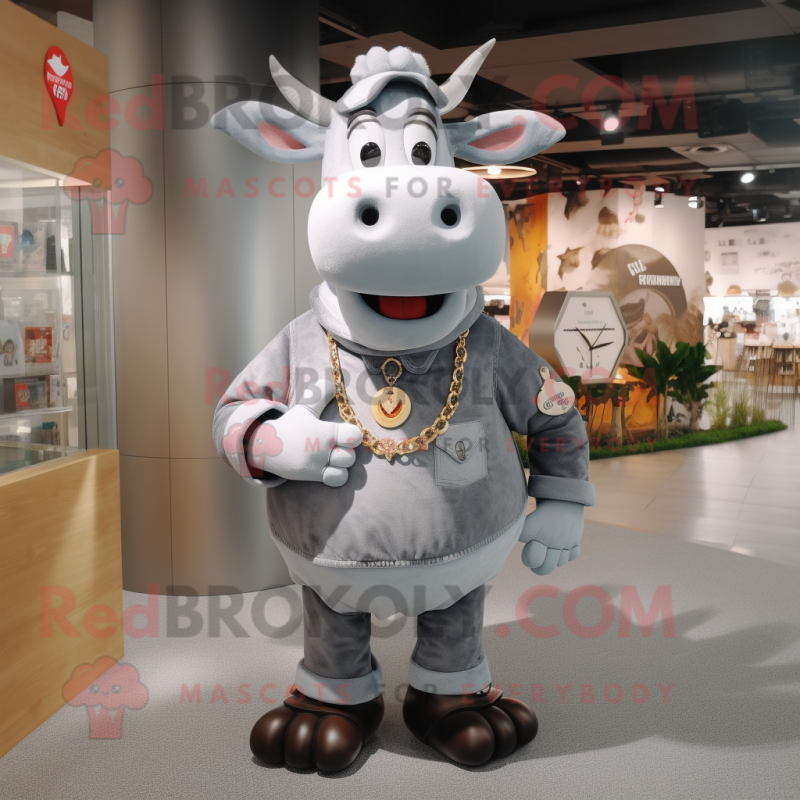 Gray Cow mascot costume character dressed with a Corduroy Pants and Bracelet watches