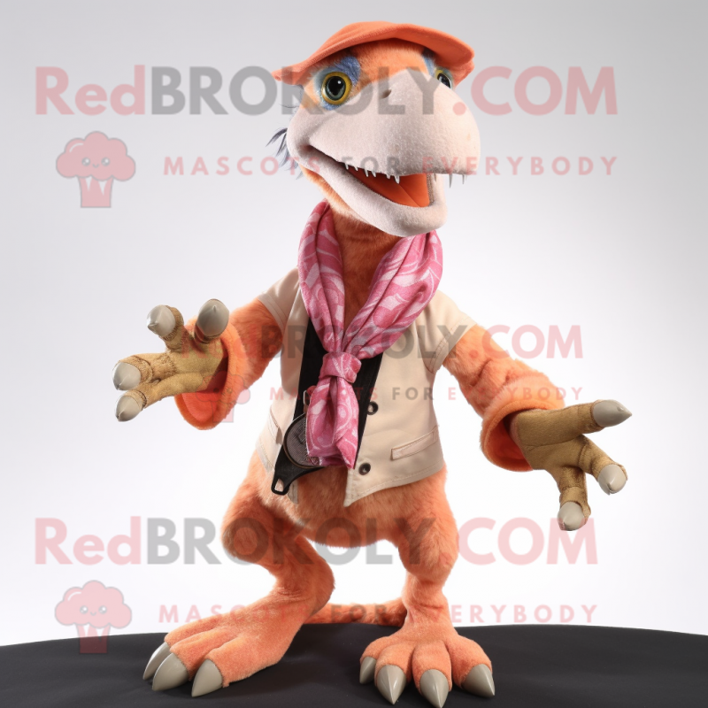 Peach Deinonychus mascot costume character dressed with a Waistcoat and Scarf clips Peach Deinonychus mascot costume character dressed with a Waistcoat and Scarf clips