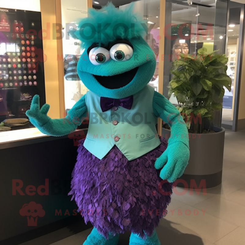 Teal Grape mascot costume character dressed with a Skirt and Cufflinks