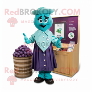 Teal Grape mascot costume character dressed with a Skirt and Cufflinks