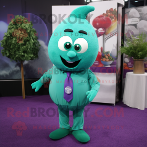 Teal Grape mascot costume character dressed with a Skirt and Cufflinks