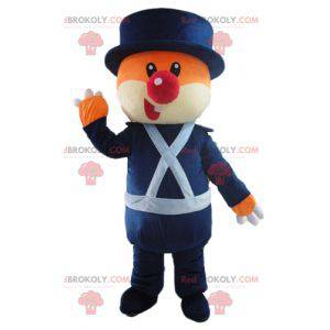Mascotte d'ours orange et blanc en uniforme bleu -