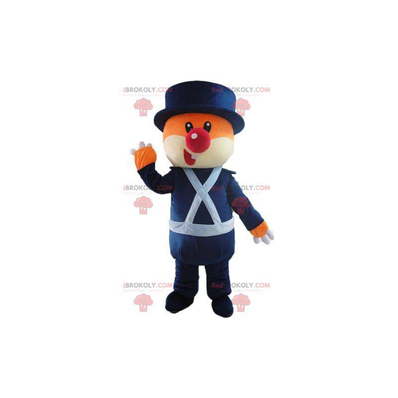 Mascotte d'ours orange et blanc en uniforme bleu -