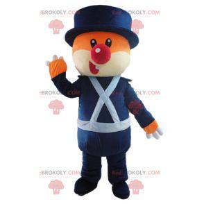 Mascotte orso arancione e bianco in uniforme blu -