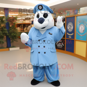 Sky Blue Navy Seal mascot costume character dressed with a Dress and Shoe clips