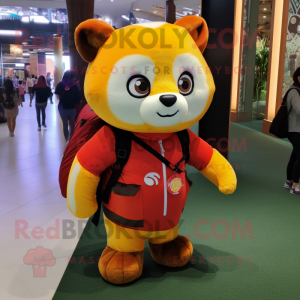 Yellow Red Panda mascot costume character dressed with a Leggings and Messenger bags
