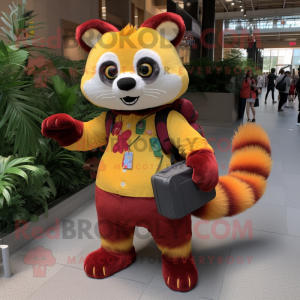 Yellow Red Panda mascot costume character dressed with a Leggings and Messenger bags