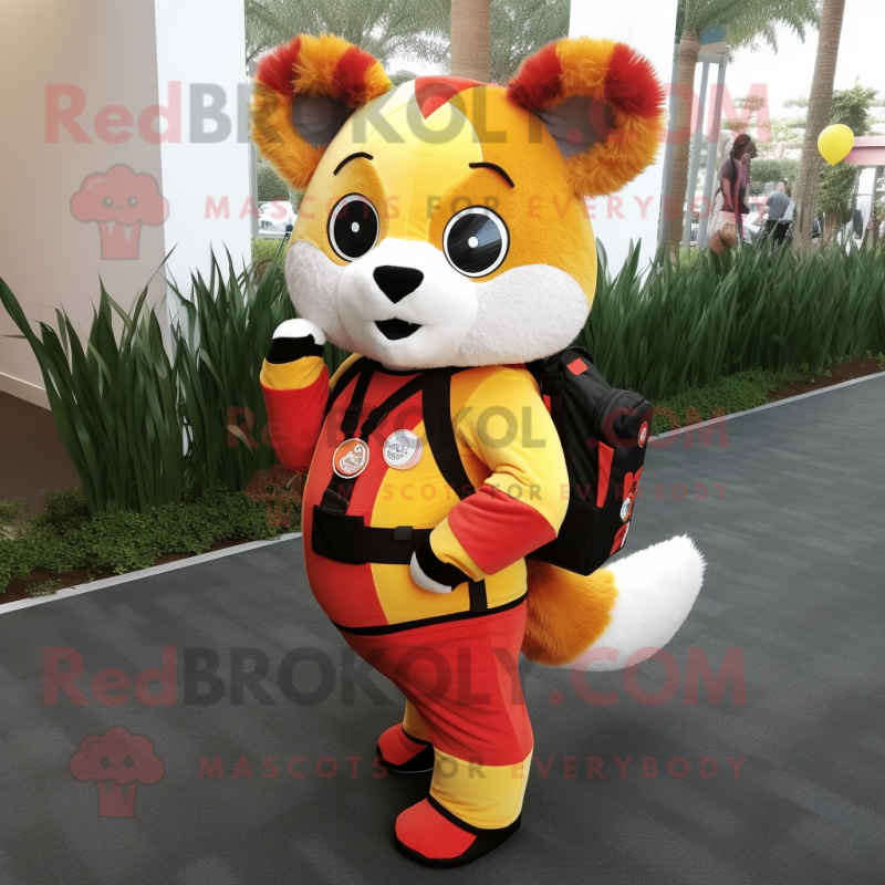 Yellow Red Panda mascot costume character dressed with a Leggings and Messenger bags Yellow Red Panda mascot costume character dressed with a Leggings and Messenger bags
