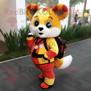 Yellow Red Panda mascot costume character dressed with a Leggings and Messenger bags