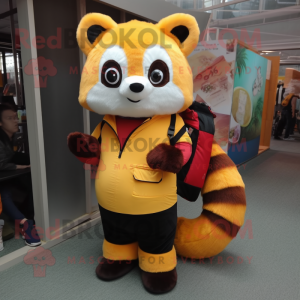 Yellow Red Panda mascot costume character dressed with a Leggings and Messenger bags